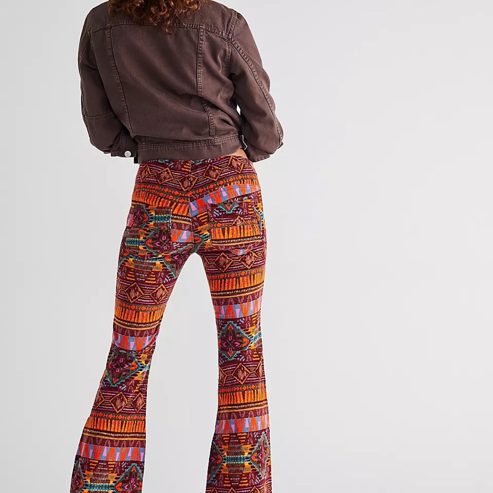 Free People Pull On Corduroy Printed Flares Sedona Brown Combo Size 26
